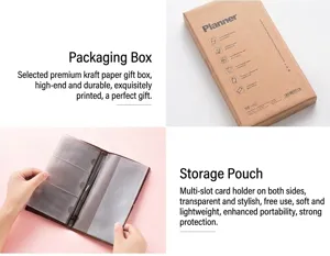 Detail view of planner notebook storage pocket and kraft paper packaging box features.
