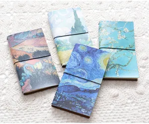 Van Gogh classic art leather notebook detail, aesthetic diary planner with elastic band.
