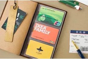 Detailed view of the portable faux leather planner notebook with card slots and pockets.