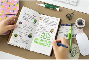 Detailed view of the portable retro notebook with handwritten notes and grid pages inside.