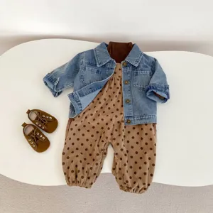 Completo autunnale neonato tutina pois giacca di jeans set vestiti graziosi dettagli bimbo