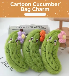 Cute cartoon cucumber plush keychain for women bags, fluffy vegetable doll toy pendant.