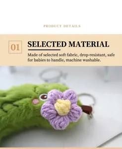 Cute plush cucumber keychain with crochet flower, soft fabric bag pendant accessory.