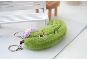 Green plush cucumber keychain detail, cute vegetable bag pendant toy for adorable girls.