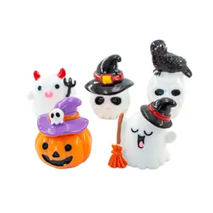 Halloween miniature resin figurines, cute ghost and pumpkin ornaments for party decor.