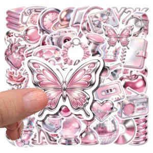 Y2K pink metallic sticker set, aesthetic DIY waterproof cute decals for journal water bottle.