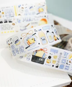 Cute milk time washi tape for journaling and DIY scrapbooking. Die-cut PET sticker roll.