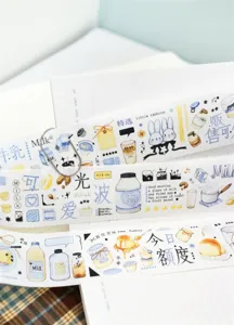 Cute milk and rabbit washi tape detail shot, decorative PET sticker for journal crafting.