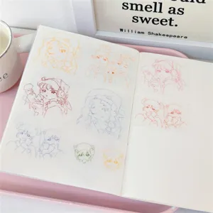 Detailed close-up view of cute cartoon line art decorative journaling tape and sticker details.