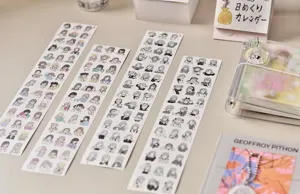 Cute anime character sticker roll, black and white chibi illustrations for journaling.