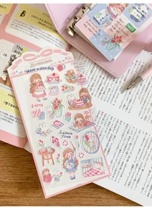 Watercolor daily sticker sheet for journaling and planner decoration, cute girl and floral design.