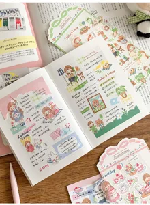 Aesthetic cute hand-drawn journal stickers set for DIY scrapbooking and planner decoration.