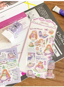 Watercolor aesthetic journal stickers set with cute illustration designs for scrapbooking.