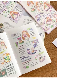 Detailed view of original cute watercolor hand-drawn decorative stickers and journal setup.