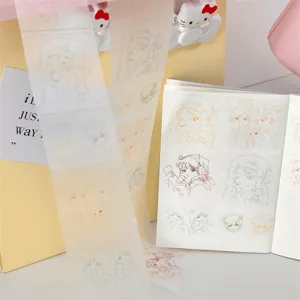 Cute aesthetic washi tape roll with line art anime girl illustrations for journal decoration.
