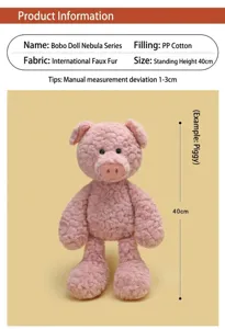 Cute pink plush pig stuffed animal toy, soft curly fur doll, 40cm standing cuddly gift for kids.