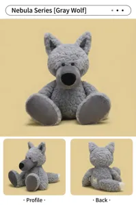 Cute grey wolf plush toy with curly fur, soft stuffed animal doll gift for kids and girls.