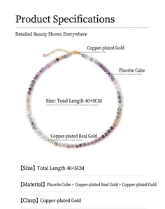 Detailed view of colorful fluorite square bead necklace with gold-plated copper clasp.