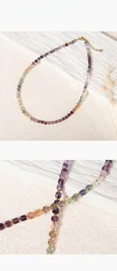 Close-up detail of colorful square fluorite bead necklace, exquisite natural stone jewelry.