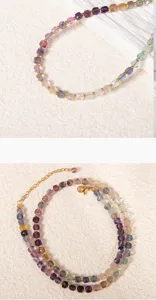 Multicolor fluorite square beaded necklace detail view, elegant lightweight luxury clavicle chain jewelry.