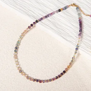 American Fashion Natural Stone Fluorite Cube Choker Necklace Luxury Real Gold Plated Copper Geometric Beaded Pendant Necklace For Unisex