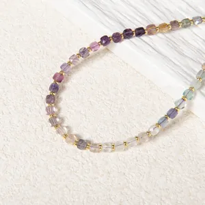 Colorful natural fluorite cube beaded necklace gold spacer chic clavicle jewelry