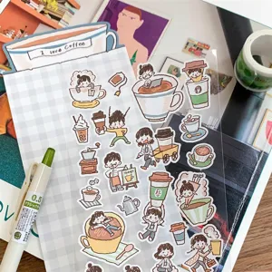 Leuke koffie thema handgetekende stickerboog, perfect voor planner en dagboek decoratie.