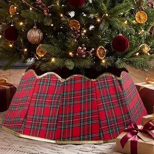 Jupe de sapin de Noël à carreaux rouge et vert avec bordure dorée col de décoration