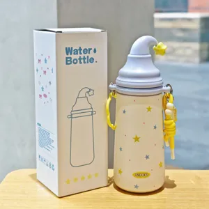 Bouteille d'eau isotherme étoile chapeau magique en acier inoxydable avec paille et lanière.