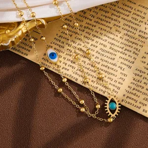 Doppelreihige Halskette Aus 18K Vergoldetem Edelstahl Mit Böser Blick Und Mini Türkis Anhänger Kette Schmuck Für Damen