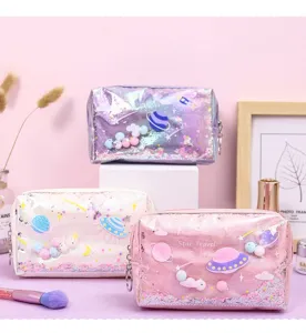 Details of the ins style quicksand cosmetic bag with large capacity, waterproof and cute planet design.