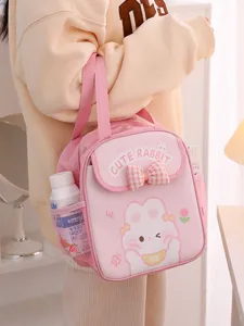 Cute pink insulated lunch bag with cute rabbit print and plaid bow for daily student meals.