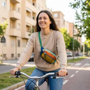 Colorful dopamine crossbody fanny pack worn during outdoor cycling lifestyle detail shot