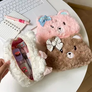 Cute fluffy bear pencil case large capacity plush stationery storage bag for students aesthetic