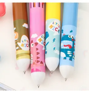 Gros plan de stylo a bille multicolore dinosaure mignon avec des futs colores.