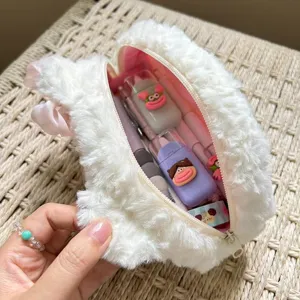 Cute fluffy plush cartoon bear pencil pouch with lovely bow detail for students and school