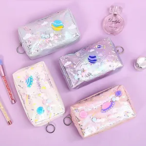 Astuccio Olografico con Sabbia Mobile Borsa Trucco in PU Laser Impermeabile Cielo Stellato Pianeta Cancelleria per Studenti