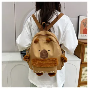 Süßer Cartoon Capybara Plüsch Rucksack für Damen Studenten Freizeit Alltag braune Canvas Tasche