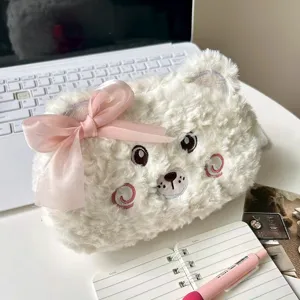 Cute fluffy bear plush pencil case with pink bow and embroidered cheeks for students stationery.