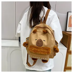 Niedlicher Capybara Segeltuch Rucksack Detail, Plüschohren und Pfoten, lässige Schultasche.