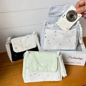 Canvas star print crossbody storage bag, portable multi-layer cosmetic camera bag for daily use.