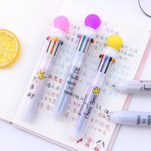 Joli stylo bille rétractable à 10 couleurs avec boule colorée et design papeterie.