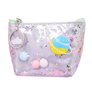 Cute holographic quicksand coin purse with planet pattern and keychain for women girls.