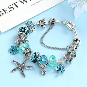 Ocean style blue charm bracelet with starfish and flower beads for women vintage snake chain.