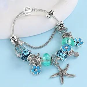 Ocean Style Blue Starfish Flower Alloy Beaded Snake Chain Bracelet Vintage Women Fashion Jewelry