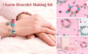 Vista detallada del kit para hacer pulseras DIY con cuentas coloridas y dijes bonitos.
