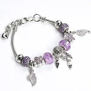 Women Fashion DIY Beaded Charm Bracelet Alloy Snake Chain Purple Cherry Blossom Crystal Pendant Jewelry Gift