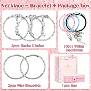 Set de joyería DIY con cadenas de serpiente, collares de cordón, pulseras y caja de regalo.