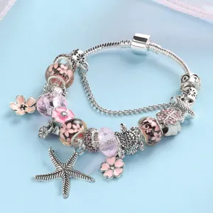 Ocean style alloy charm bracelet with cute starfish and pink flower beads for women gift