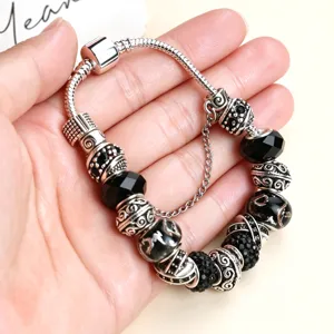 Bracciale con perle in vetro stile retro europeo da donna, catena serpente argento chic.